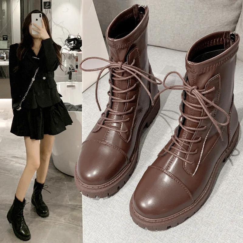 

2022 Retro Vintage Platform Female Mid-Calf Boots Cross Tied Round Toe Chunky Heels Shoes For Women Party Working Shoes Woman