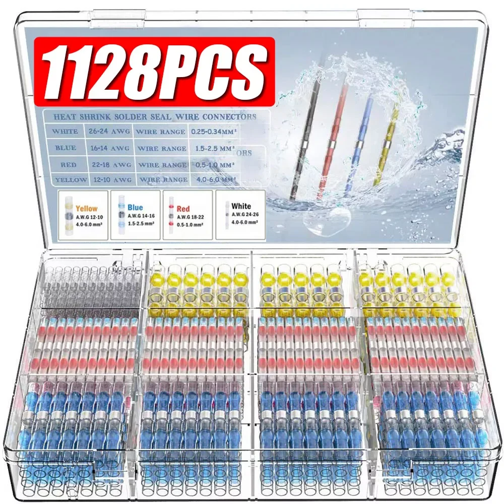 

50/100/300/500/800/1128PCS Waterproof Heat Shrink Butt Crimp Terminals Solder Seal Electrical Wire Cable Splice Terminal Kit