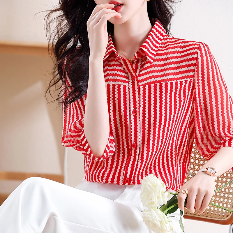 

2023 New Poplin Summer Women's Shirt Casual Fashion Simplicity Top Stripe Printing Three-quarter Sleeve Blouse