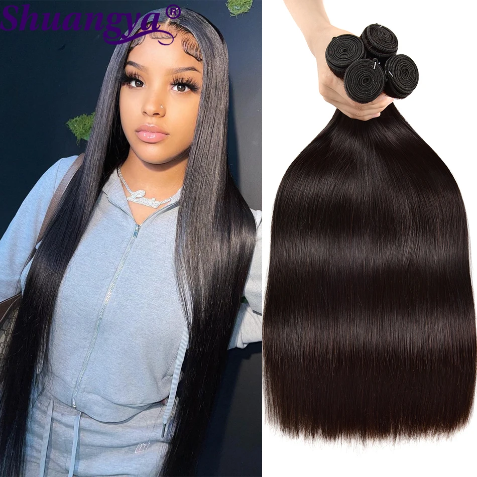 3/4 Pcs Hair Extensions Human Hair Bone Straight Human Hair Weave Bundles 30 Inch Remy Hair Bundles Shuangya Hair Natural Black