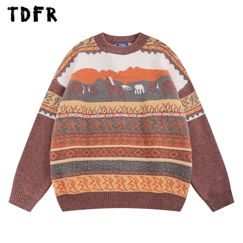

Мужской Жаккардовый вязаный свитер с оленем, контрастные панели, Свободный Повседневный пуловер в стиле ретро с круглым вырезом и длинным рукавом для осени и зимы