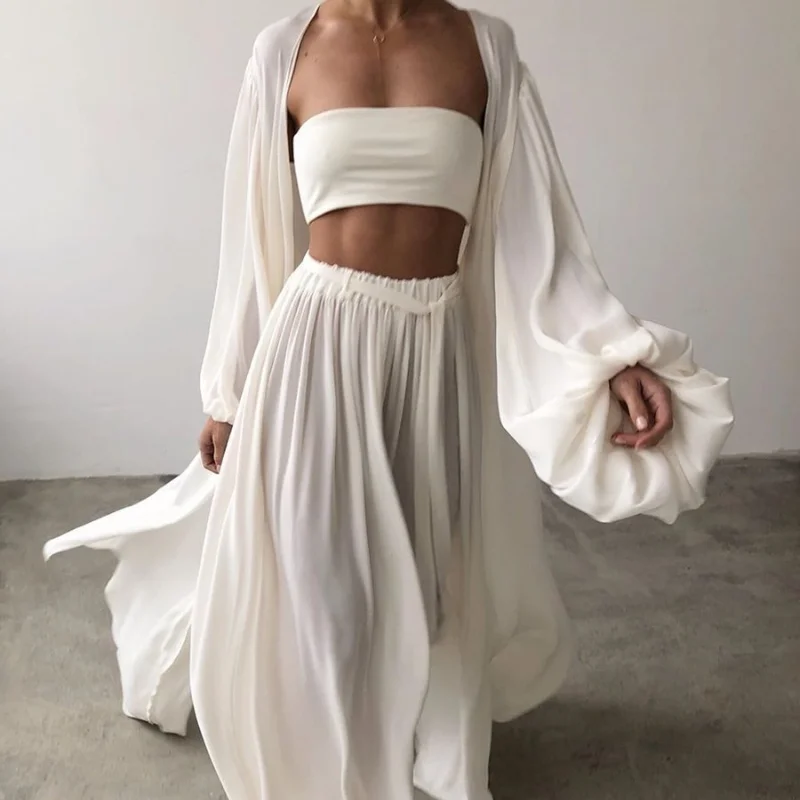 

2022 Summer Soft Outfit Women pajamas Three Piece Sets Homewear Casual Lantern Sleeve Cardigan Tops Wide Leg Pants Suits Lady