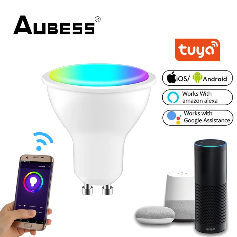 

Aubess Smart LED Light Bulb 4W Gu10 RGBCW Spotlight Lamp AC 85-265V Voice Control Tuya Smart Life App Via Alexa Google Home