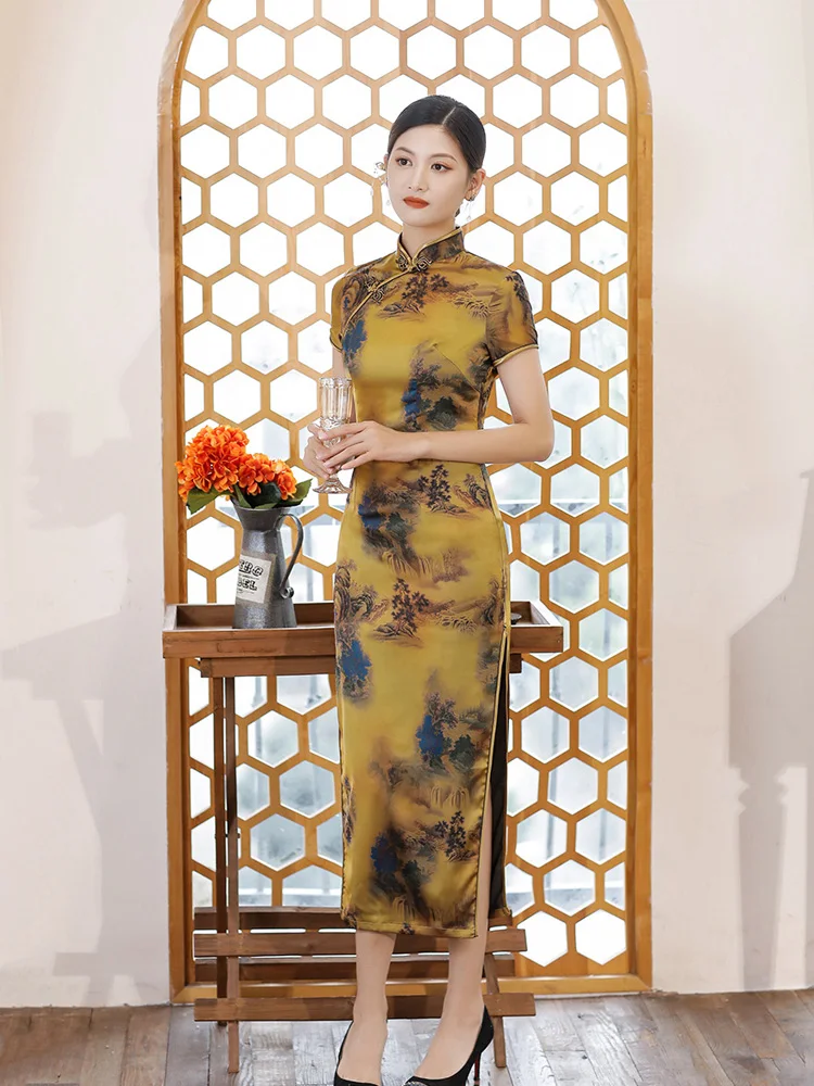 

2022 New In Evening Party Silk Qipao Dress Chinese Traditional Spring Summer Short Sleeve Long Cheongsam Lady Festival Ballgown