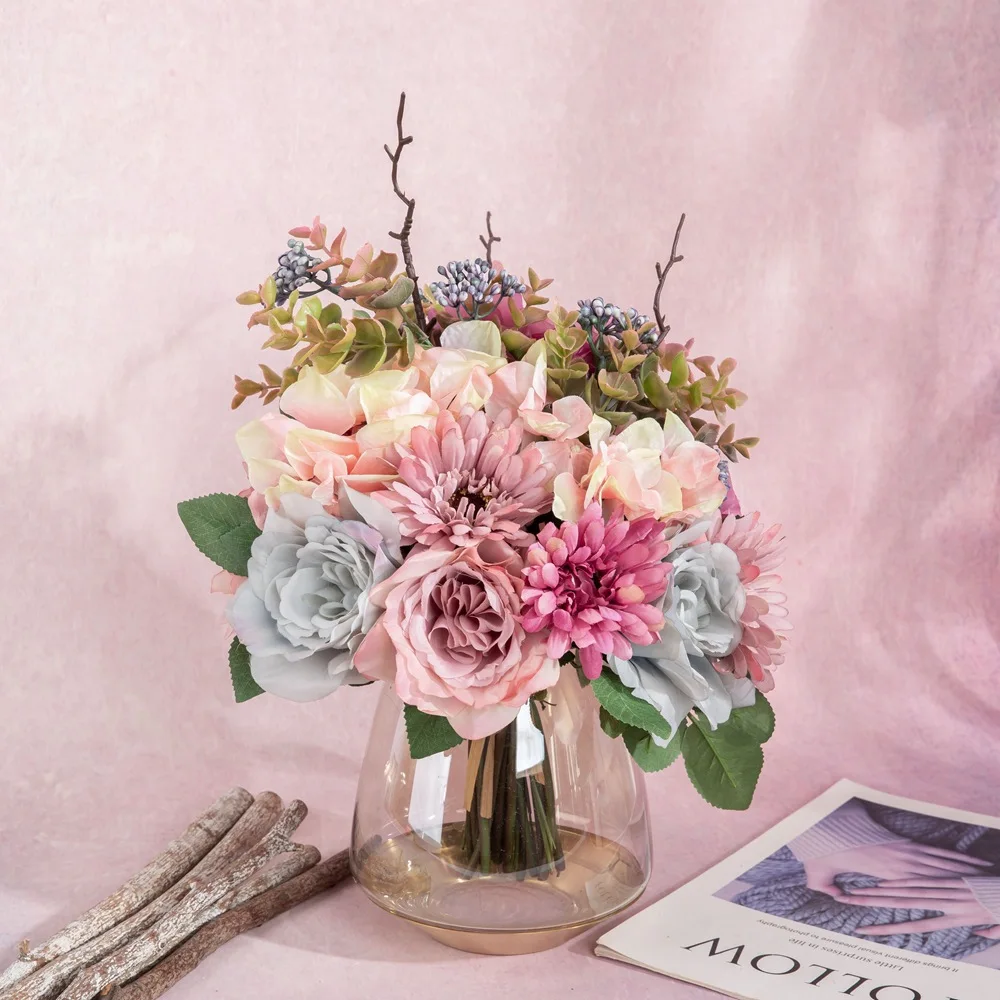 

34cm Rose Pink Artificial Flowers Bouquet for Bride Wedding Decoration Peony Hydrangea Fake Flower Plants Home DIY Decor indoor
