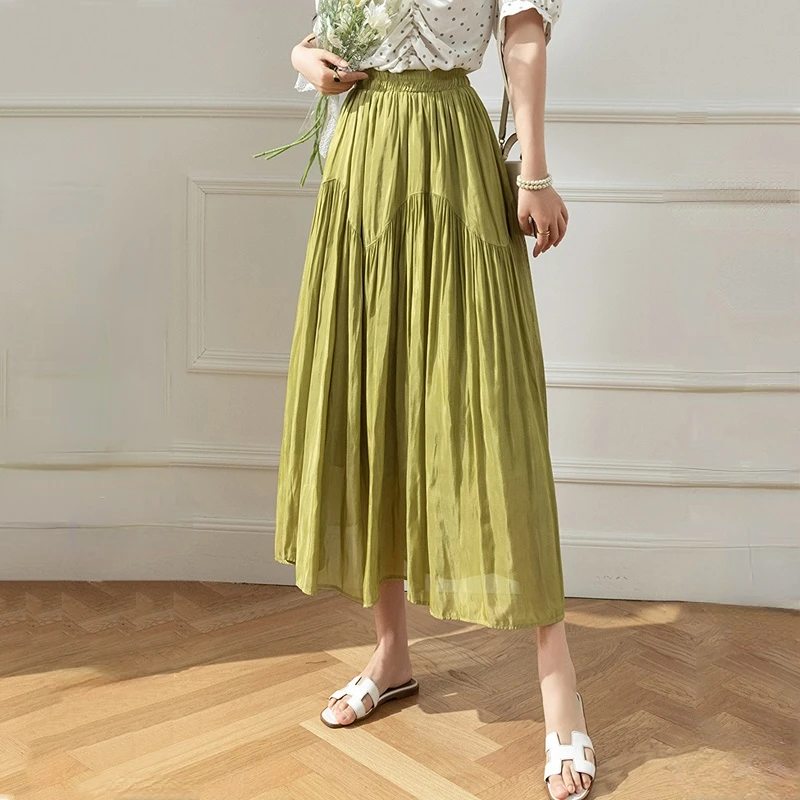 

2023 New Spring Summer Women Casual Long Skirt Fashion High Waist A-line Female Pleated Skirts Green Mori Girl Summer Skirt