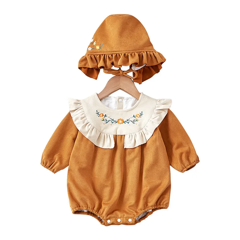 Baby Girl Autumn Emboridery Rompers Baby Princess Long Sleeve One-year-old Suit with Hat Spring Korean Baby Clothes Jumpsuits