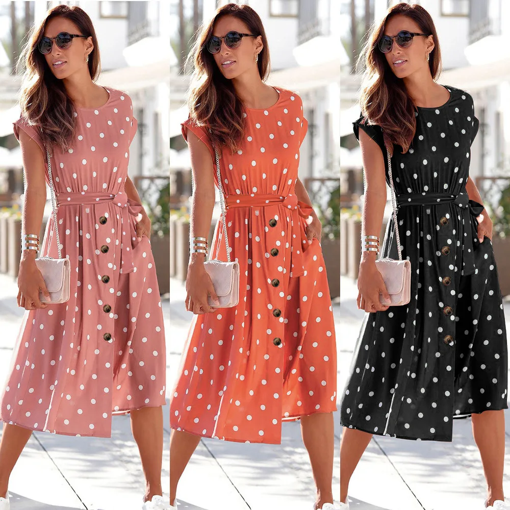 Summer Women's Dresses Fashion O Neck Print Polka Dot Buttons Casual Loose Lace Up Woman Short Sleeve Dress 2022 Robe Femme
