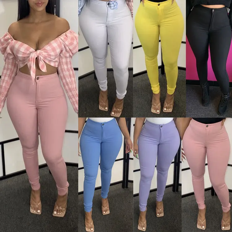

WY2664 women's elastic pencil pants spring and summer fashion casual solid color mid-waist high elastic slim pencil trousers