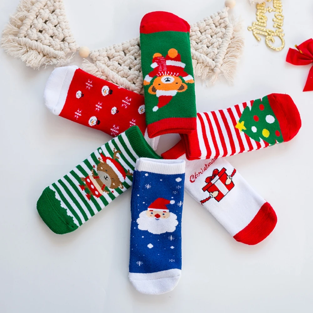 

6 Pairs Baby Girl Boy Cotton Cartoon Socks Newborn Christmas Socks Infant Anti-slip Middle Tube Floor Socks 0-10 Years