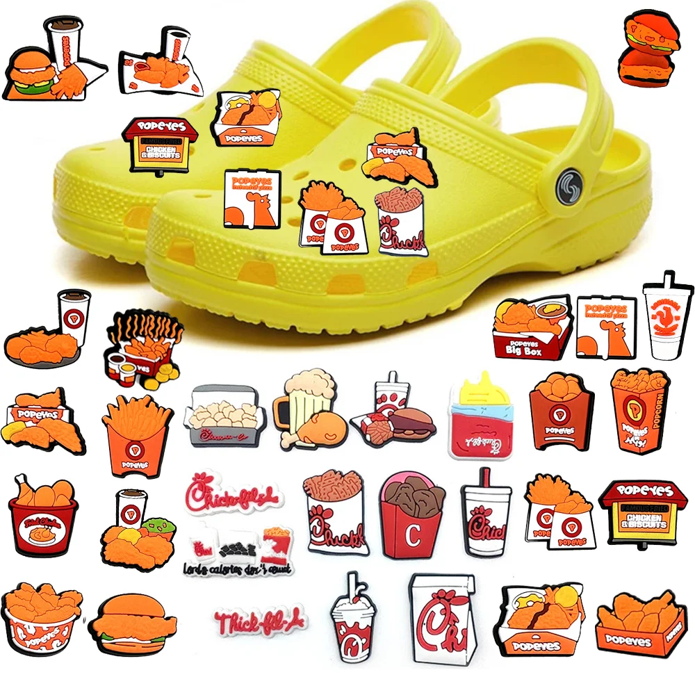 

New 1PCS Cartoon Fried Chicken Series decorate Hamburg fries Jibz Shoe Charms DIY Croc PVC Accessories Kids Boys Adults Gifts