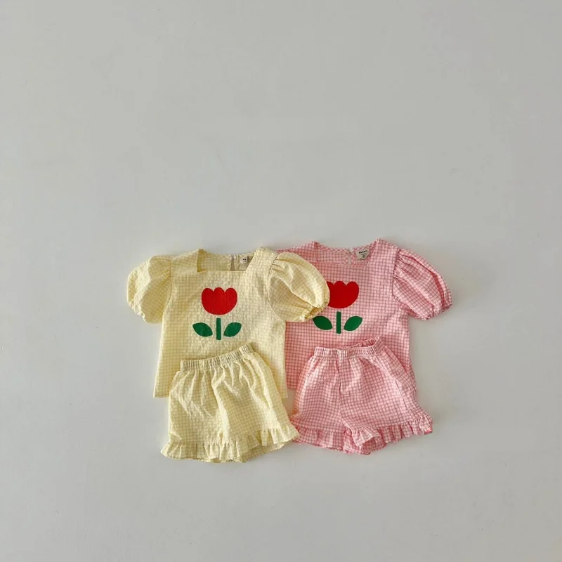 

New Summer Baby Girl Clothes Tulip Square Collar Puff Sleeves Shirts+PP Shorts Ropa Conjuntos Para Niños 유아 상하복세트