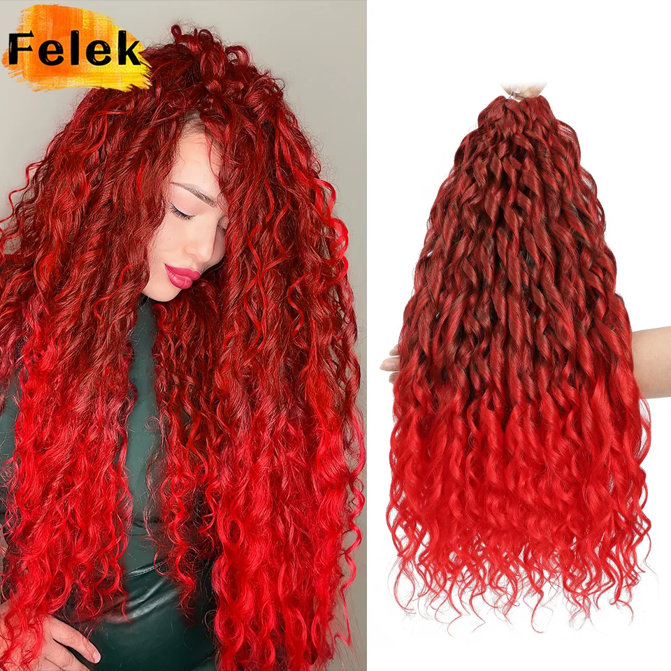 Фото 22-дюймовые синтетические волосы для плетения косичек Bug Jessica Curls, свободные волнистые пряди для крючкового плетения, красные, зеленые, синие косы для крючкового плетения №2