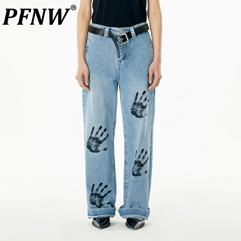 

PFNW Spring Autumn New Men's Denim Jeans Palm Print High Street Fashion Daliy Niche Chic Loose Straight Wide Leg Pants 28A0329