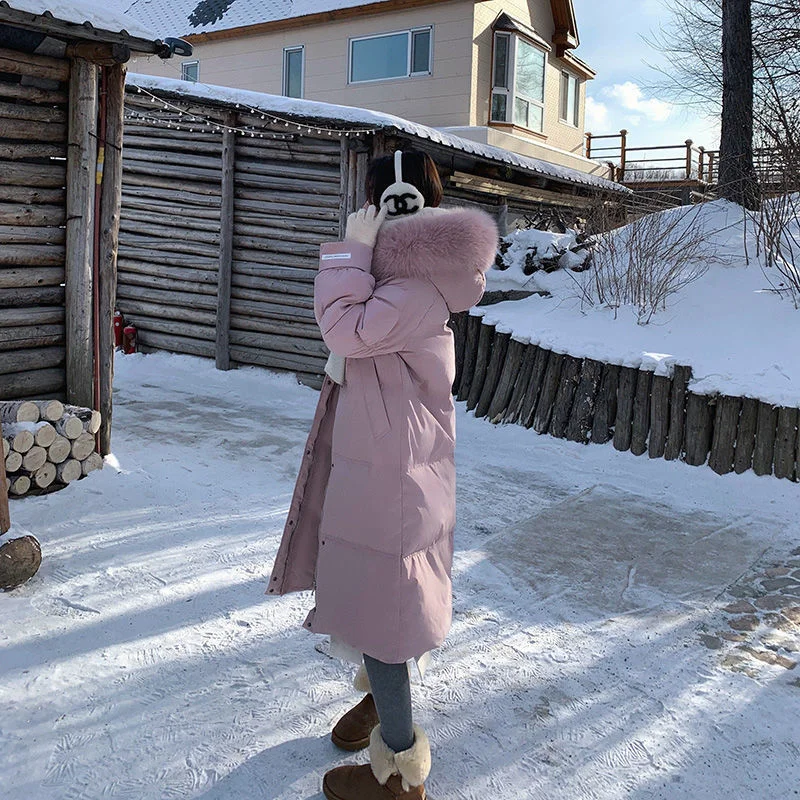 White Duck Down Jacket Women's Big Real Fur Collar Hat Long Loose Thickened Office Lady Warm Elegant Fashion Solid Down Coat