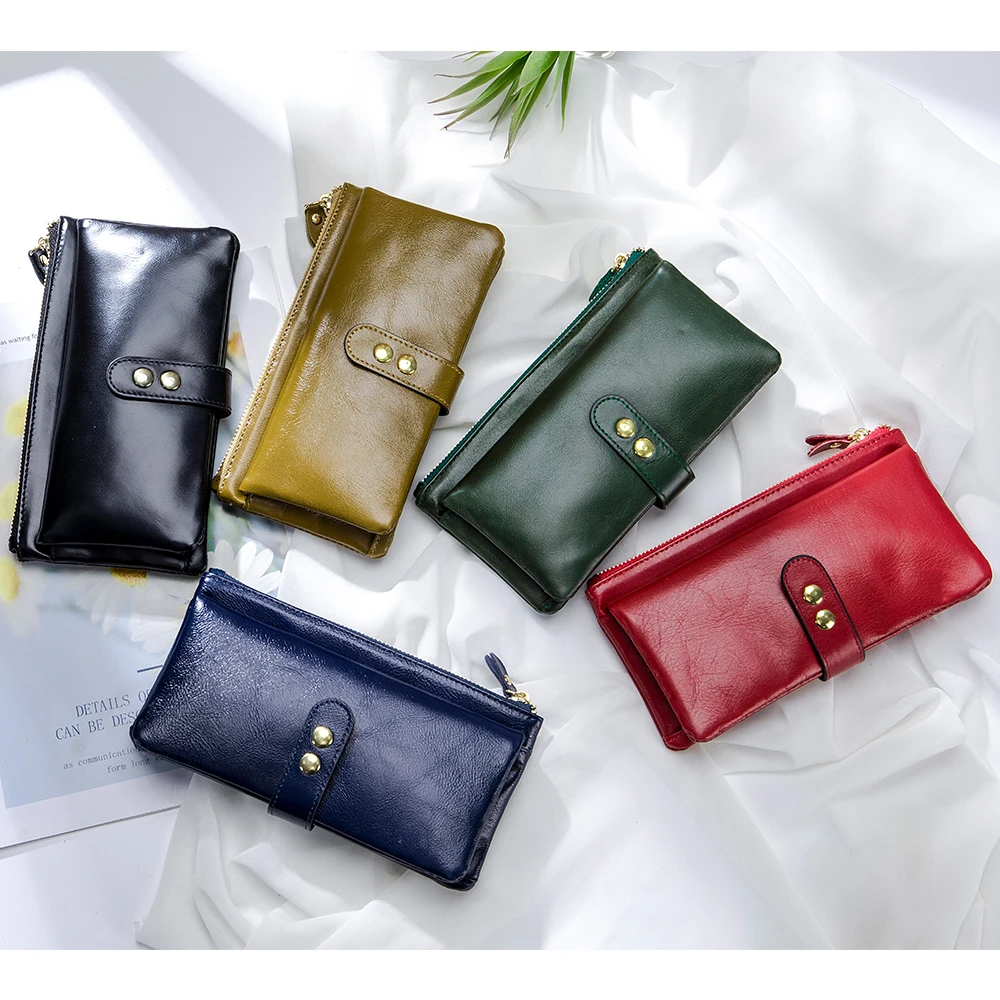 2023 Hot Sale Oil Wax Leather Women Wallet Long Multi-Card Holder Large Capacity Clutch Wallet for Women Zip Mobile Phone Purse