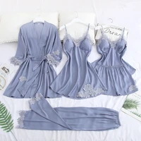 ice silk pajamas real silk five piece set sexy slip nightdress womens artificial silk home wear with chest pad