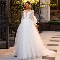 long a line illusion full sleeve wedding dresses women boho lace applique bride maxi dress modern floor length bridal gown