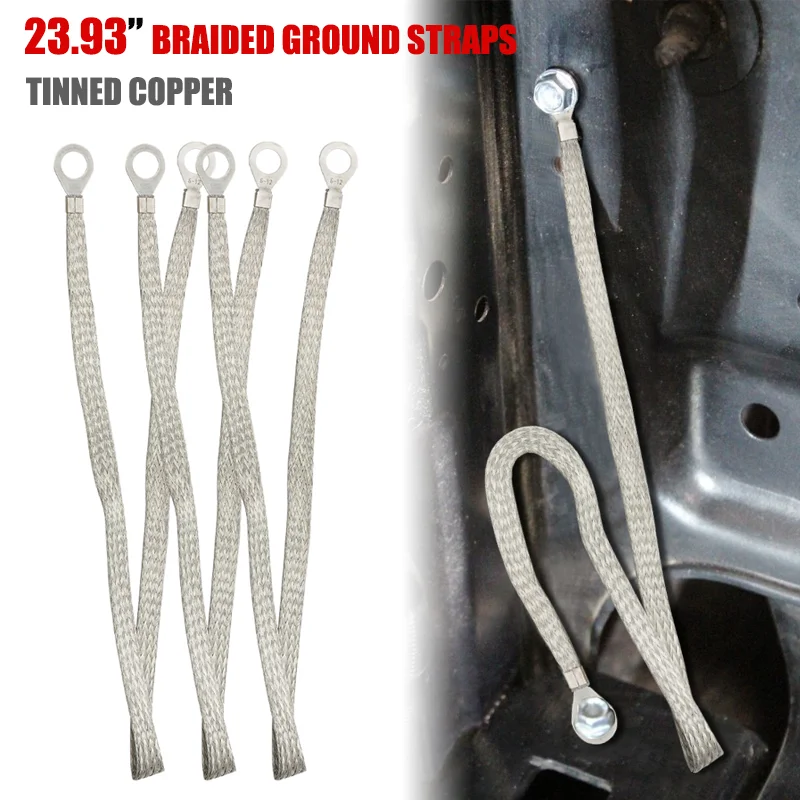 

Pack-3 24" x 1/2" Tinned Copper Braided Ground Straps (1/2" Ring) Automotive Firewall Hood Wire End Ring terminal connectors