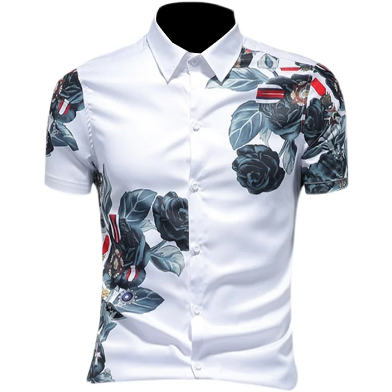 European and American men's wear summer 2022 new  Short sleeve lapel single breasted rose print  Fashion shirt