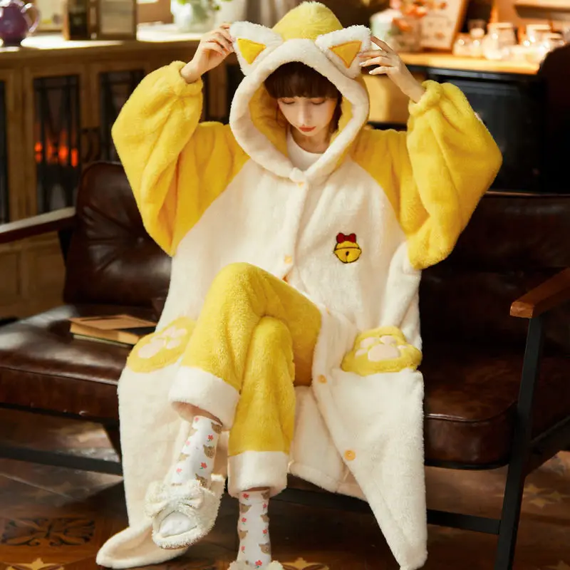 Women Pajama Sets Winter Flannel Cartoon Warm Pyjamas Animal Sleepwear Cat Cute Female Fashion Homewear Loose Pyjamas Suit
