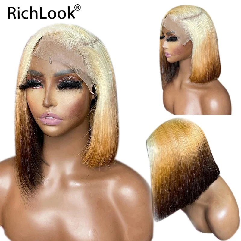 Short Bob Straight Cut 613 Honey Blonde Brown Ombre Color 13X4 Lace Front Human Hair 4X4 Closure Frontal Wigs For Women Prepluck