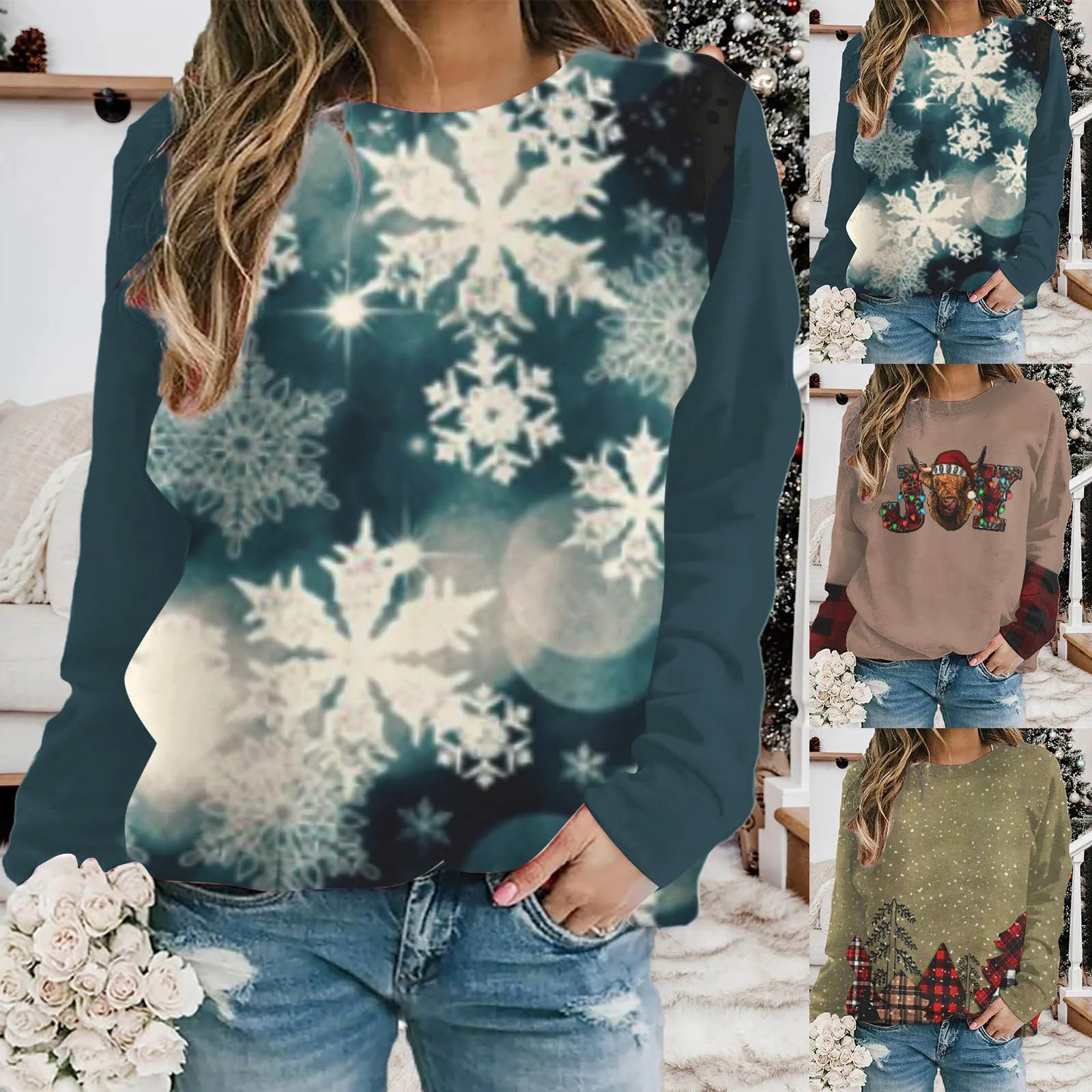 

Женский пуловер с длинным рукавом и круглым вырезом, с рождественским принтом