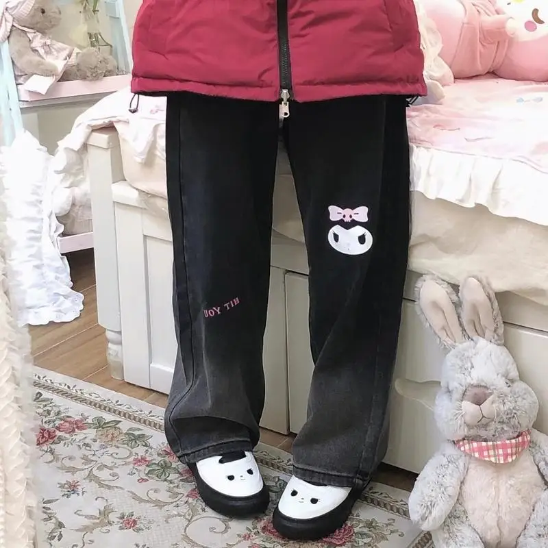 

Кавайные брюки Sanrio, аксессуары Kuromi, милые Мультяшные аниме джинсы, модные свободные облегающие повседневные Игрушки для девочек, подарок