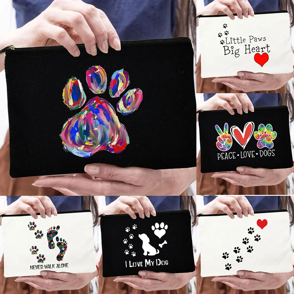 

Peace Love Dogs Print Women Cosmetic Bags Love My Dog Cute Paws Zipper Makeup Pouch Travel Toiletry Organizer Bag Large Capacity