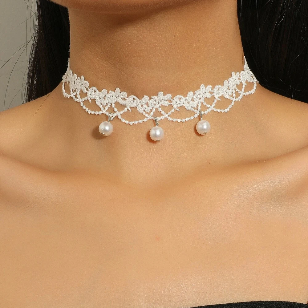 Bohemia Elegant Vintage Imitation Pearl White Lace Statement Choker Necklaces Bridal 2022 Fashion Jewelry For Women Wedding Gift