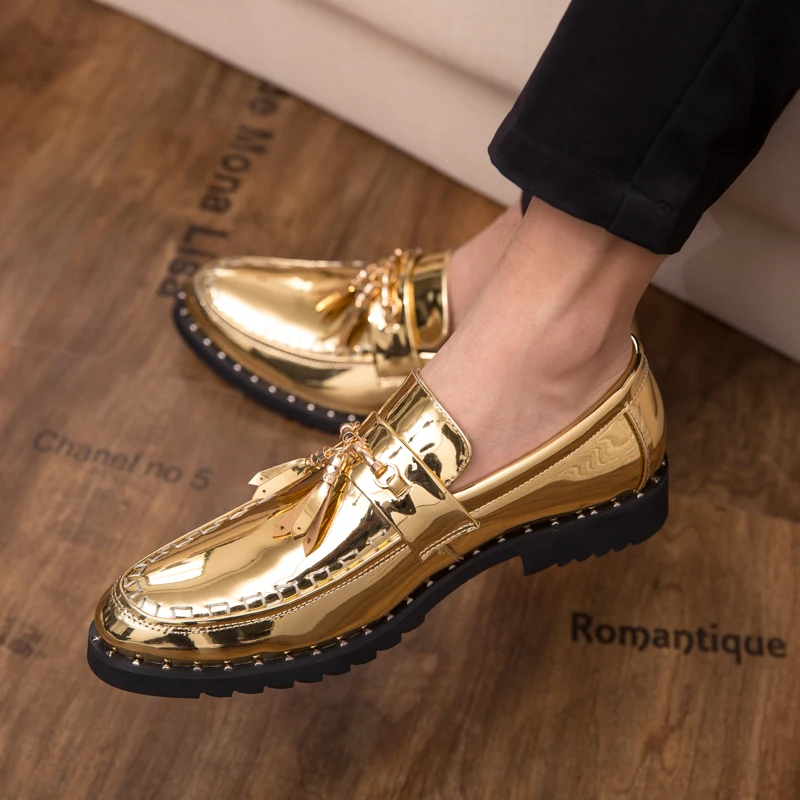 

Fashion Gold Leather Shoes Men Loafer Shoes Leather Slip-on Flats Moccasins Handmade Casual Driving Shoes Drive Luxury Leisure