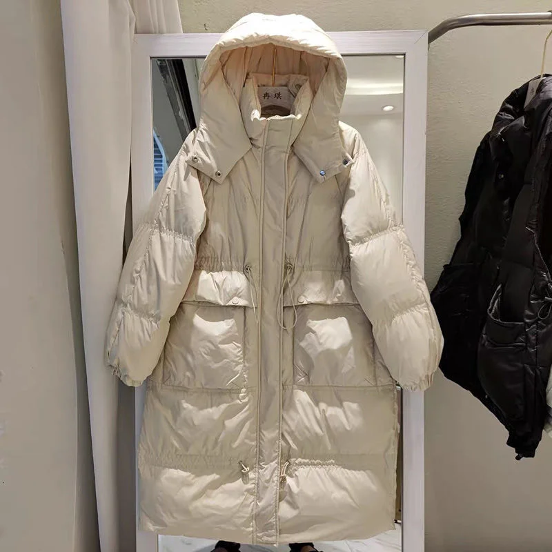 2022 New Women's Down Jacket Mid Length Knee Length Hooded Waist All Match Coat Loose White Duck Down and Thick Warm Down Coats