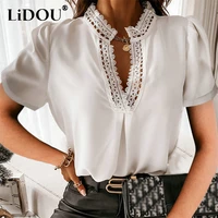 summer 2022 casual simple half open collar lace patchwork solid short sleeve shirts female loose fashion pullover blouses blusa