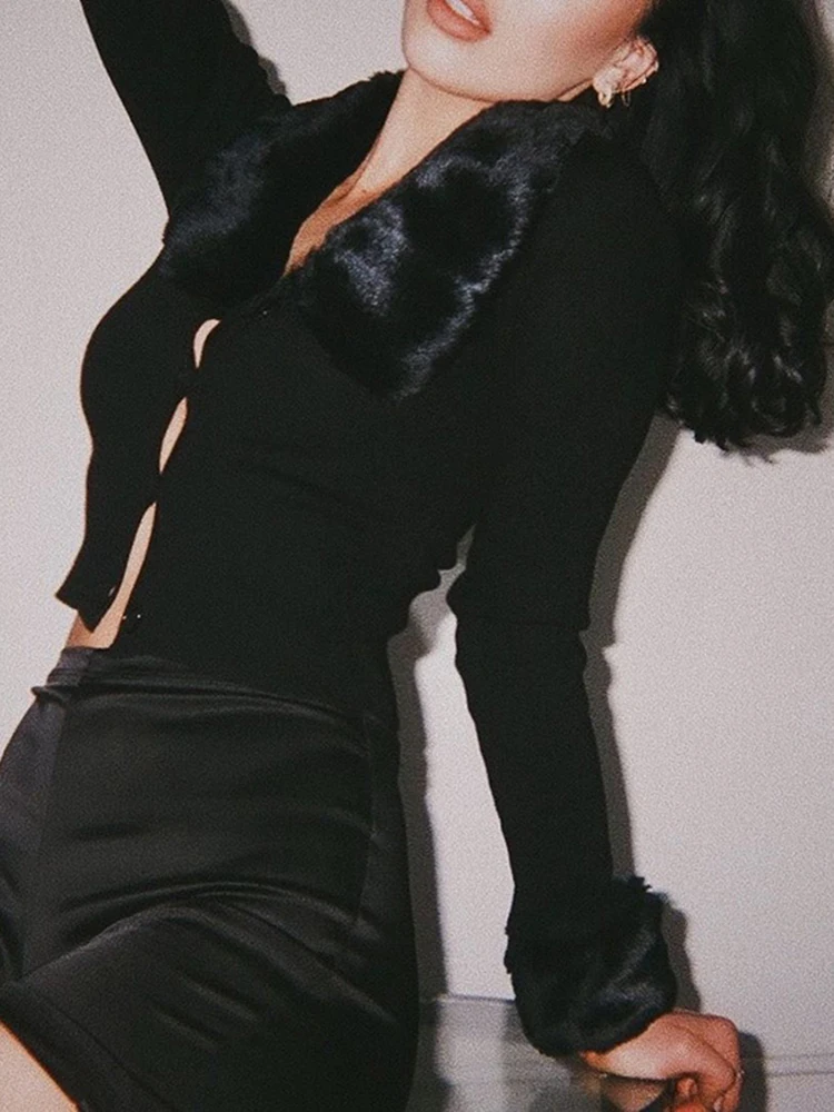 

Sexy Fur Collar Single Breasted Knitted Cardigan Women Slim Fit Retro Short Sweater Cardigan Jacket