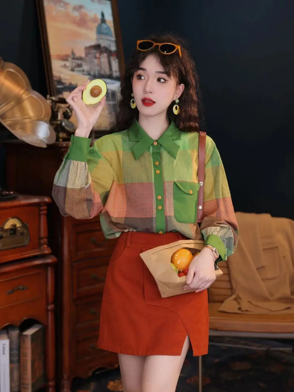 Свободная разноцветная ретро-рубашка в гонконгском стиле с длинными рукавами