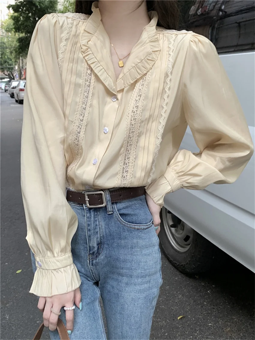 

Alien Kitty Sweet Shirts Women V-Neck Ruffled Summer 2023 Work Wear New OL Elegant All Match Puff Sleeve Lady Daily Tops