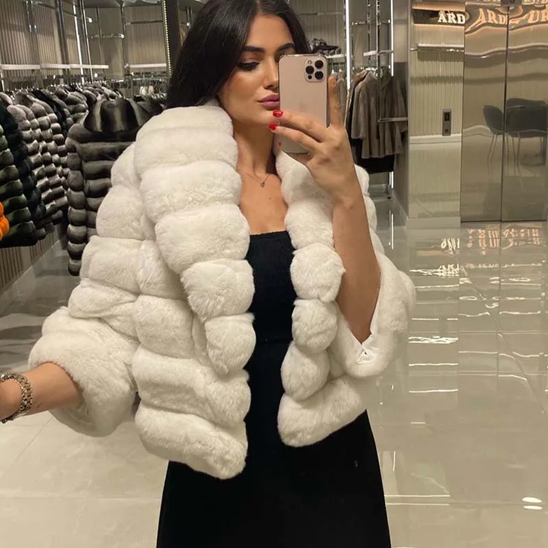 Lapel Loose Natural Rex Rabbit Fur Coat Women Winter Fashion New Solid Casual Luxury Tops Genuine Cozy Real Fur Jacket Female