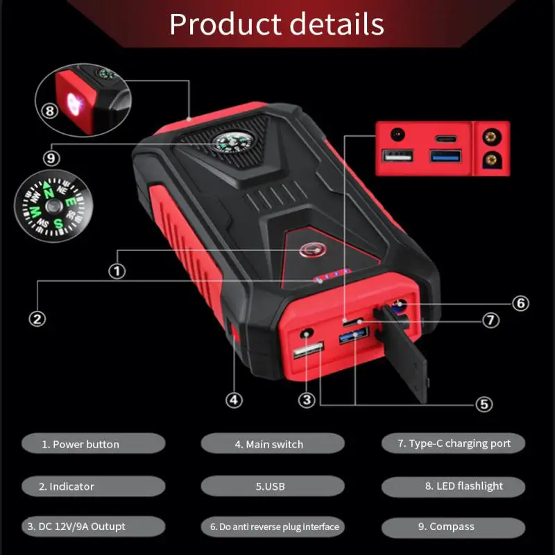 

12V Car Emergency Starting Power Supply LED Multi-function IP54 Waterproof Portable Starter Outdoor Mobile Energy Storage Power