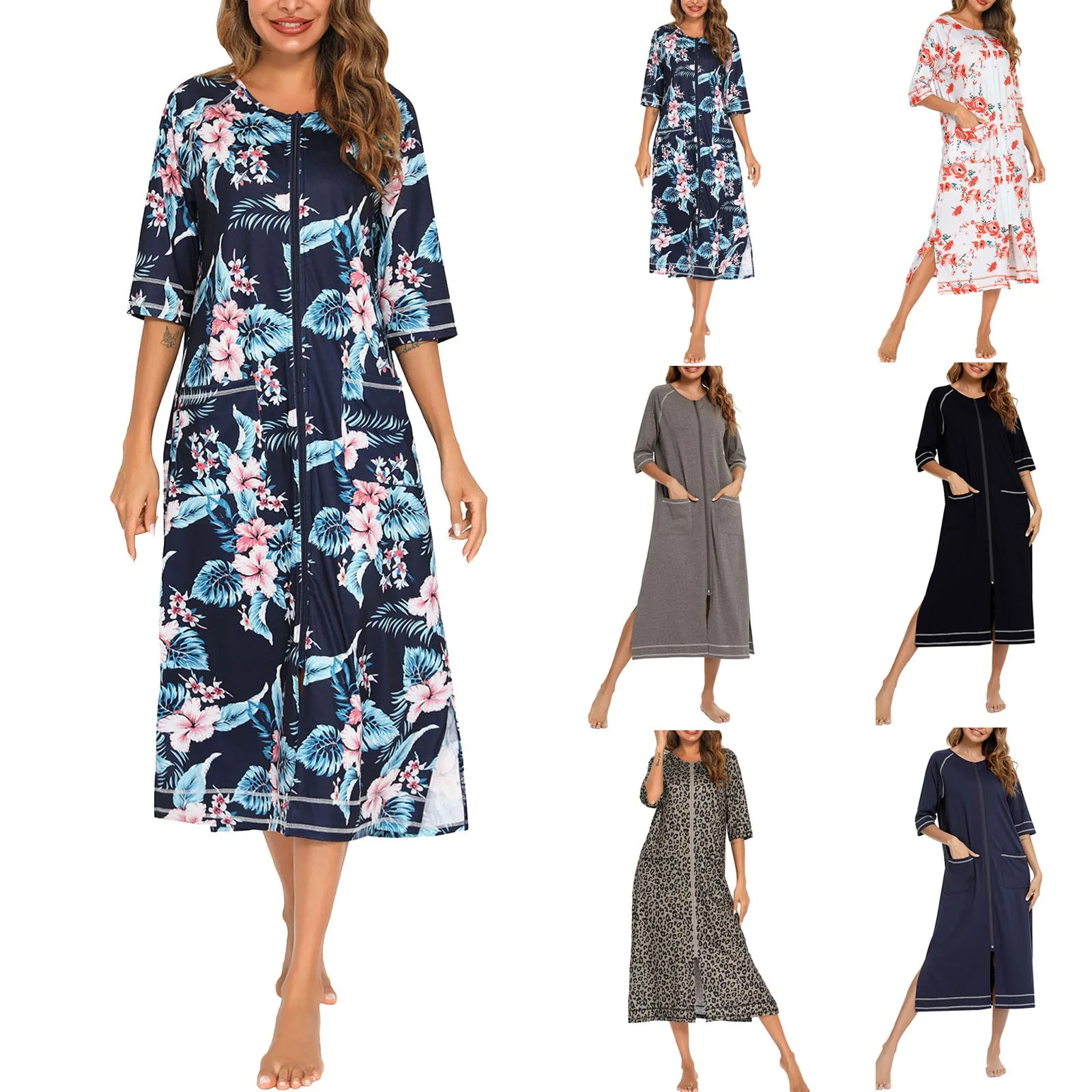 

Rubehoow House Coat Women's Zipper Front Robes Half Sleeve Bathrobe Full Length Soft Cotton Duster Coat Dresses off The Shoulder