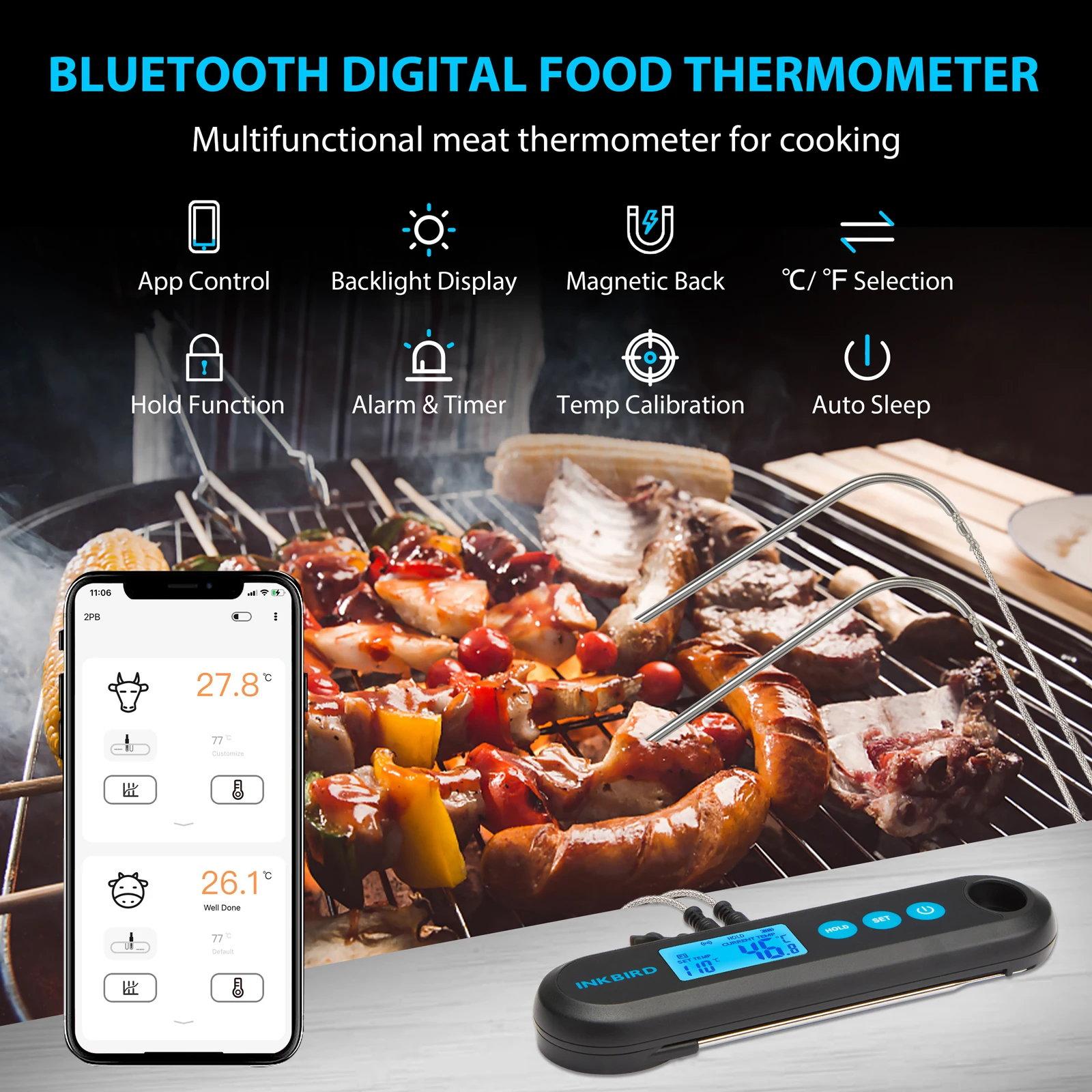 

INKBIRD Digital Meat Thermometer Kitchen Smart Wireless Cooking BBQ Food Thermometer Bluetooth-Compatible Instant Readout Kits