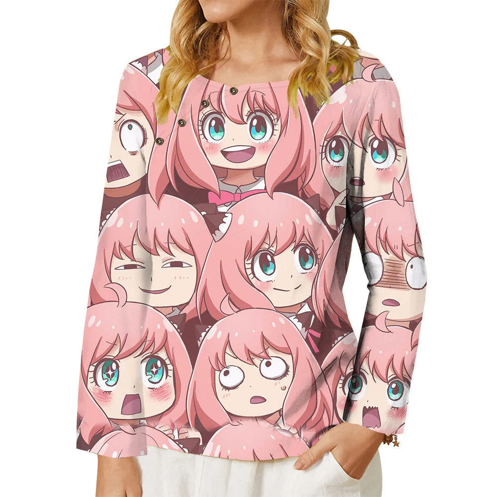 

CLOOCL Women T-shirt Spy X Family Anime 3D Printed Button Decorate Crew Neck Long Sleeve Tee Kawaii Tops Oversized T-shirt