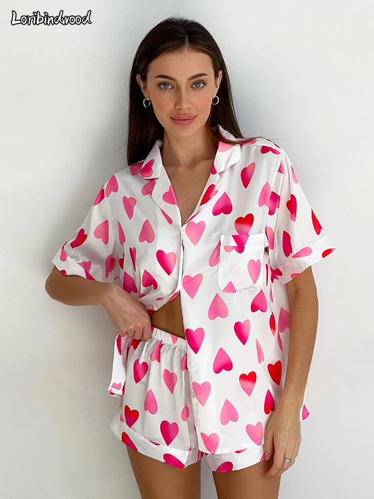 

Короткие пижамы для женщин, летние атласные шелковые пижамы, комплект, одежда для отдыха, пижамы с принтом, милый Ночной костюм из двух предм...