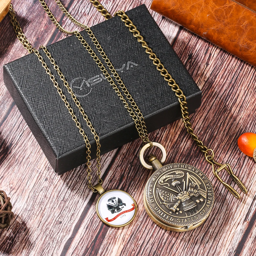 Vintage Bronze Quartz Pocket Watch US Army Commemorative Collection Gift Set Men's Pendant Necklace Pocket Watch Fob Chain