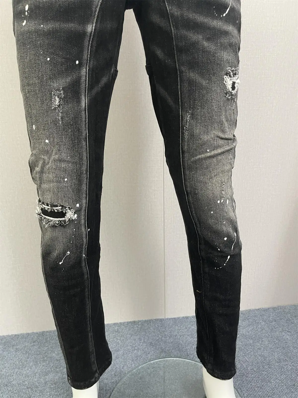 2023 New Stereoscopic Cut Denim Pants Black Slim Fit Splice Small Foot Micro Elastic Hole Patch Small Foot Jeans for Men