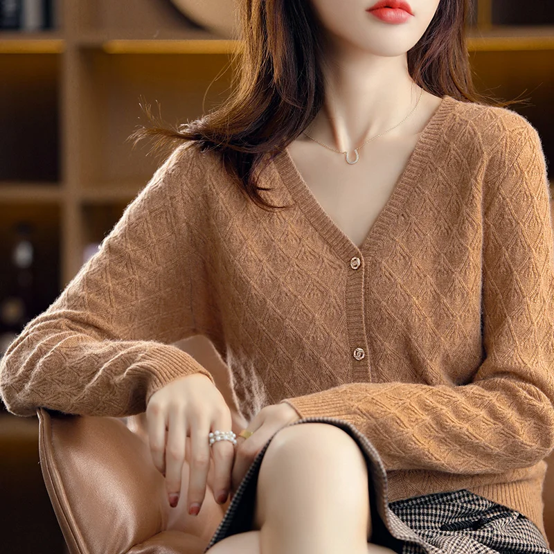 Осень/зима новый женский свитер кардиган из 100% мериносовой шерсти с v-образным