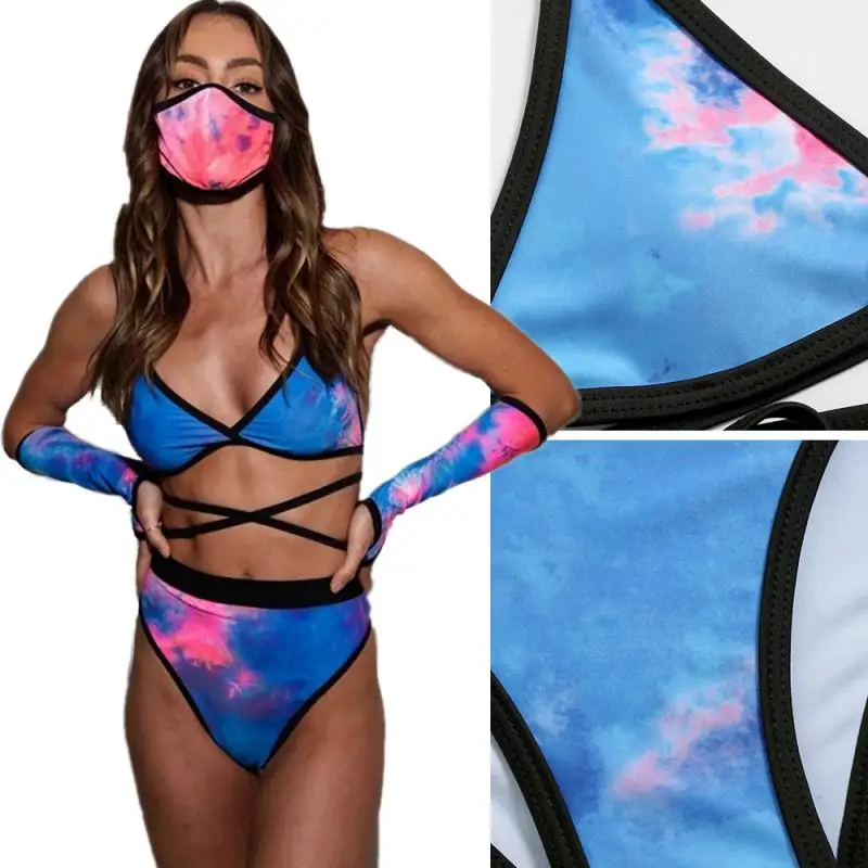 

Новинка 2021, Модный комплект из 4 предметов, бикини, бикини, трикини, комплект с подходящей маской для лица, бикини, сексуальный купальник, Лид...