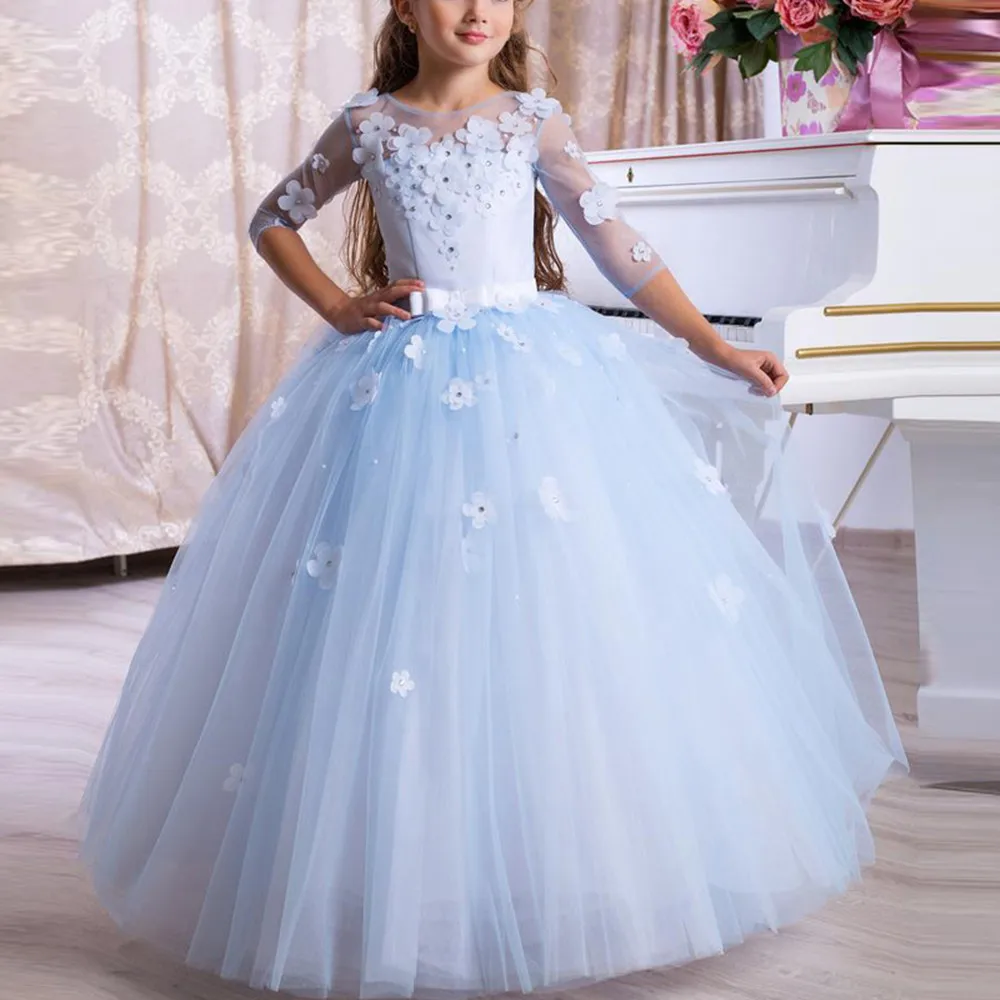 

Sky Blue Flower Girl Dresses For Weddings Ball Gown 3/4 Sleeves Tulle Beaded Long First Communion Dresses For Little Girls