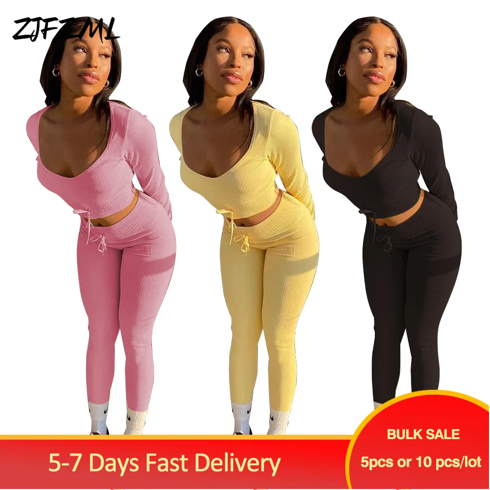 

Bulk Items Wholesale Lots Women's Workout Sweatsuits Spring Autumn Full Sleeve Scoop Neck T-shirts and High Waist Pencil Legging