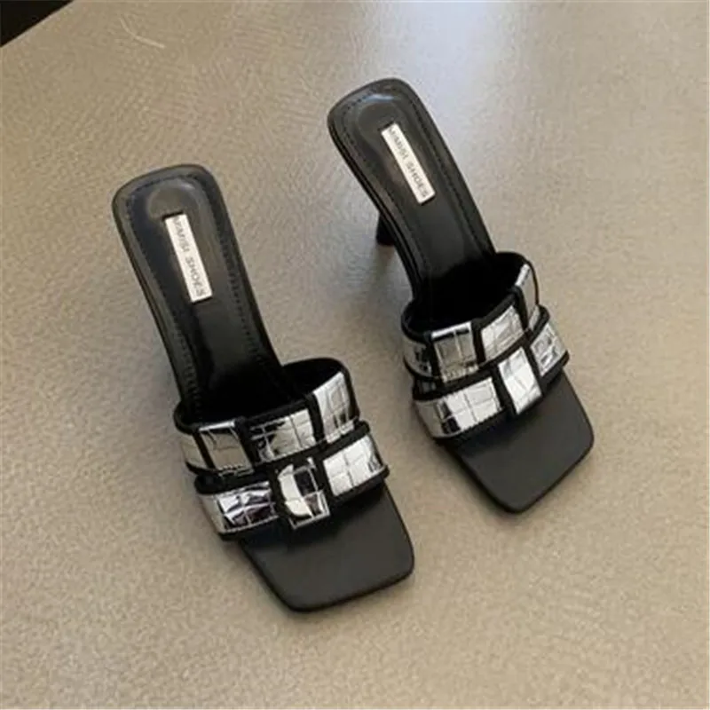 Weave Design Women Slippers Open Toe Summer Dress Shoes Thin High Heels Slides Slippers Party Pumps Wedding Black White 35-39