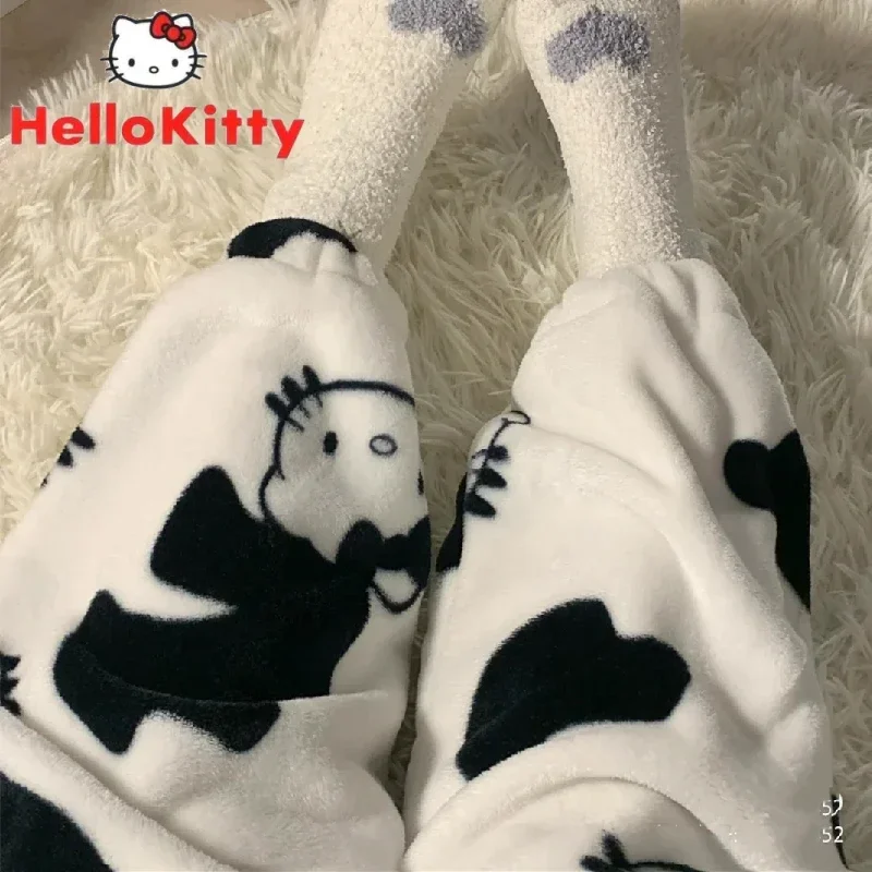 Женские утепленные брюки Hello Пижама Kitty Y2k черные милые мягкие плюшевые кавайные